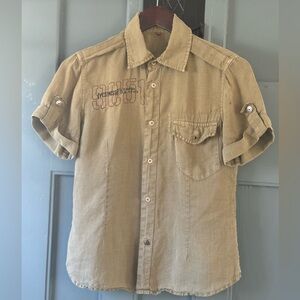 Yes! Miss Women's Shirt 100% Bamboo Short Sleeve Olive Green Size M With Button